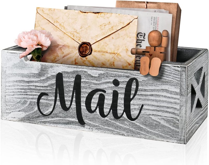 BOTOP Mail Organizer Holder Countertop, Rustic Wood Mail Basket Storage Tray Letter Holder for Office Desk Wall Mount - Grey - Image 1